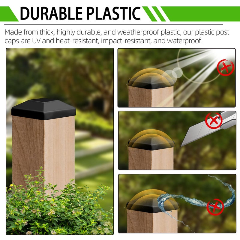 TonGass (6-Pack, Black) 4x4 (3 5/8"") Wood Fence Post Caps - Wooden Fence Deck Post Covers - Durable Plastic Water-Proof and UV-Proof - Protect Wooden Fence Poles from Cracking and Rotting - Image 3